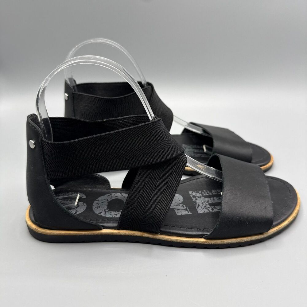 Sorel Ella Sandals Black Leather Elastic Criss Cross Flat Comfort Shoes Size 8